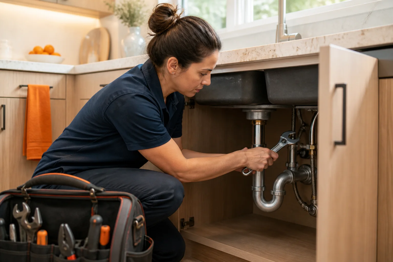 Professional plumber repairing a kitchen sink